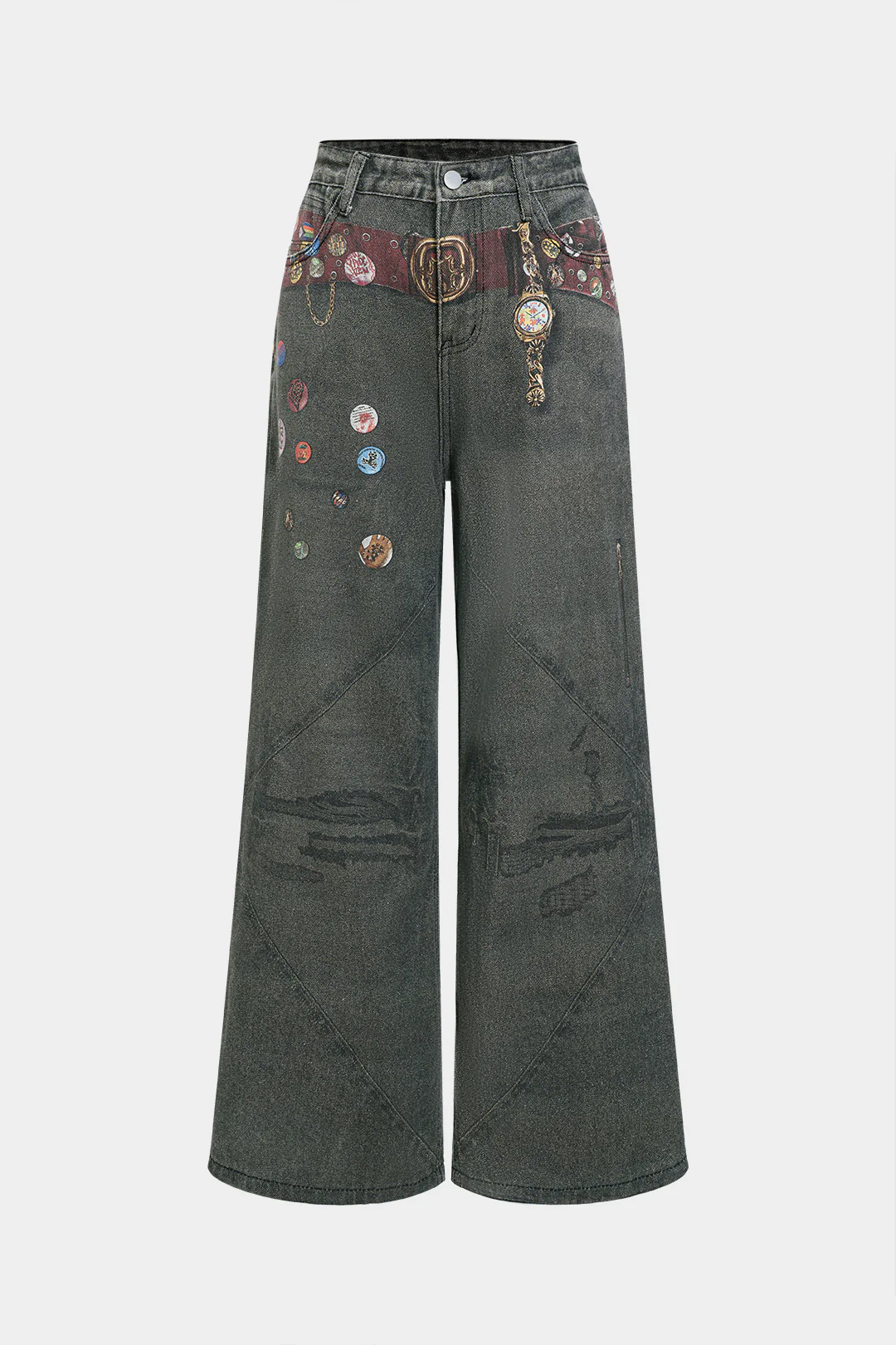 Graffiti Print Denim Wide Leg Pants - Flockneti
