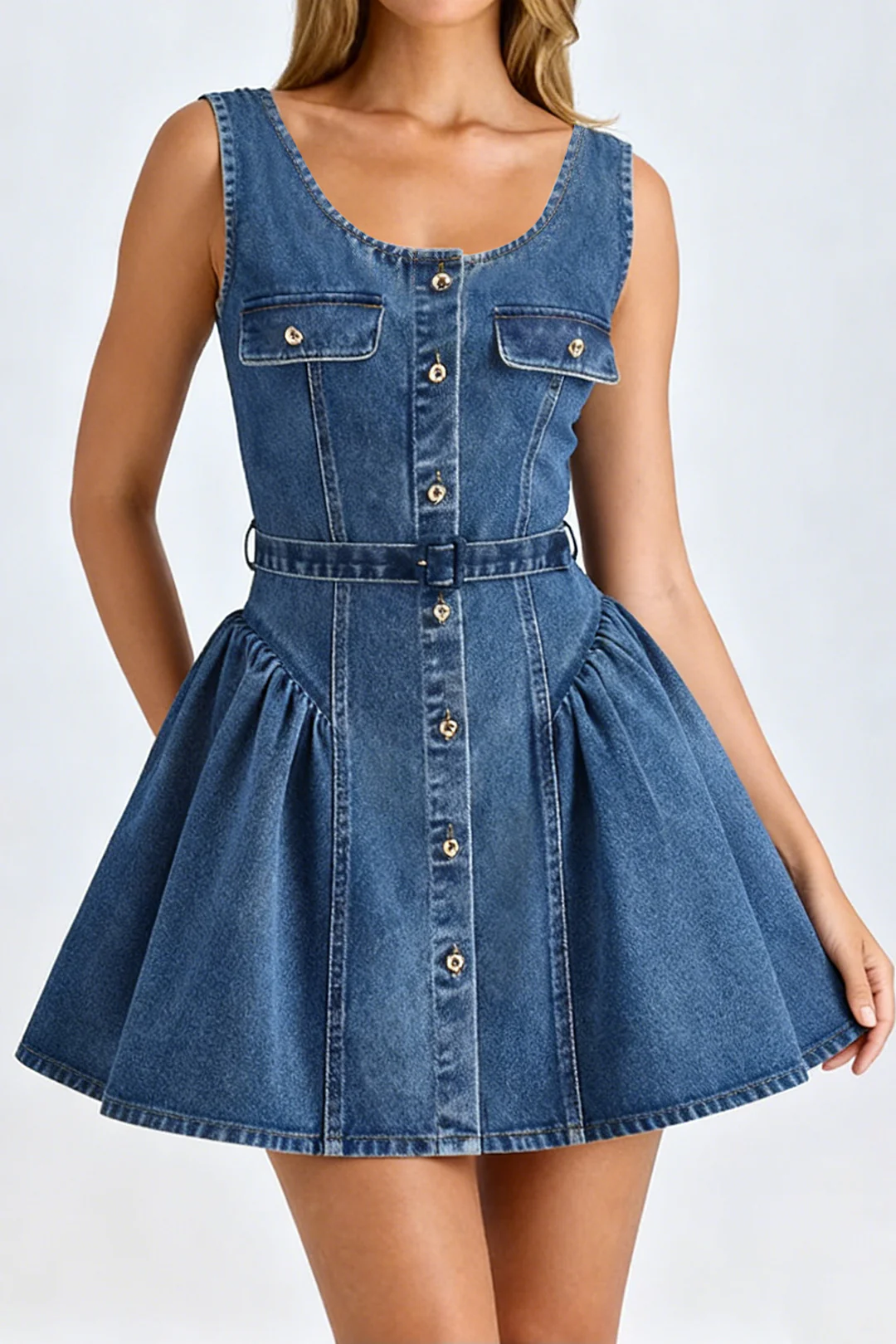 Denim Metallic Button Ruched Square Neck Sleeveless Dress - Flockneti