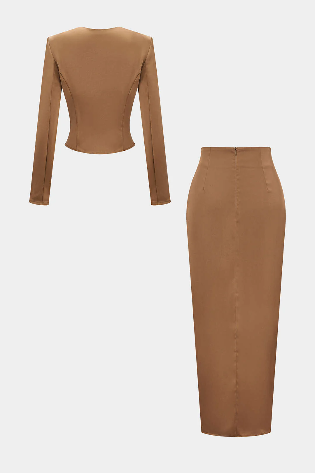 Asymmetrical Neck Ruched Long-Sleeve Top And Skirt Set - Flockneti
