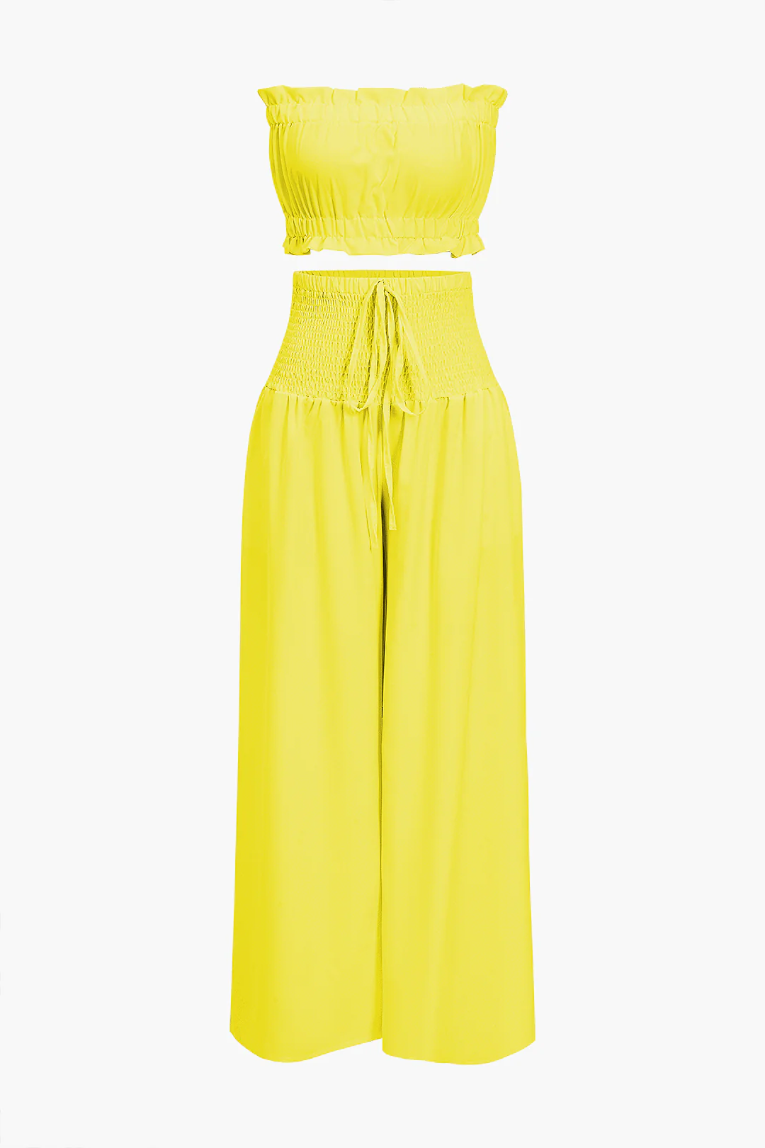 Ruched Tube Top And Tie Front Wide Leg Trousers Set - Flockneti