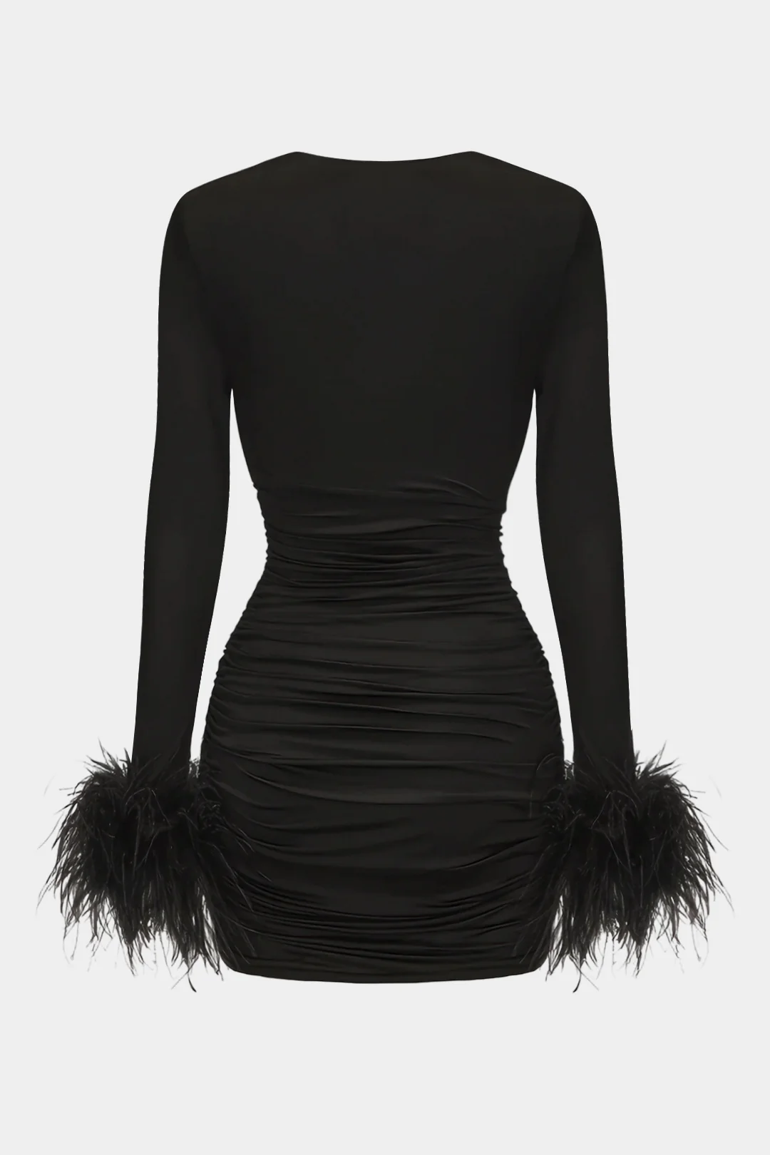 Ruched Feather Trim V-Neck Asymmetrical Long Sleeve Mini Dress - Flockneti