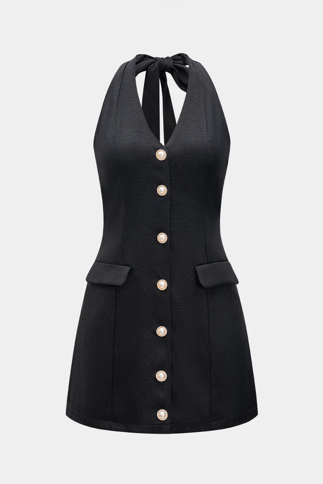 Halter V-Neck Pearl Button Sleeveless Jumpsuit - Flockneti