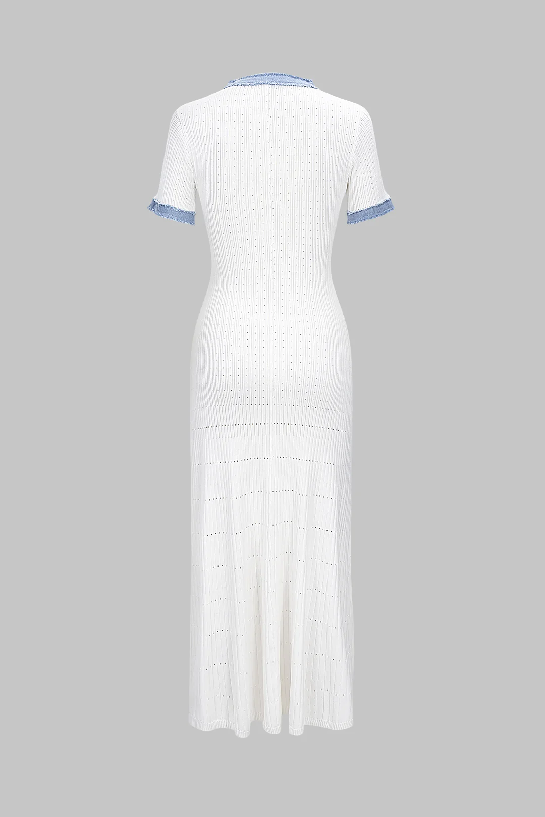 Knit Patchwork Frayed Button Short Sleeve Dress - Flockneti