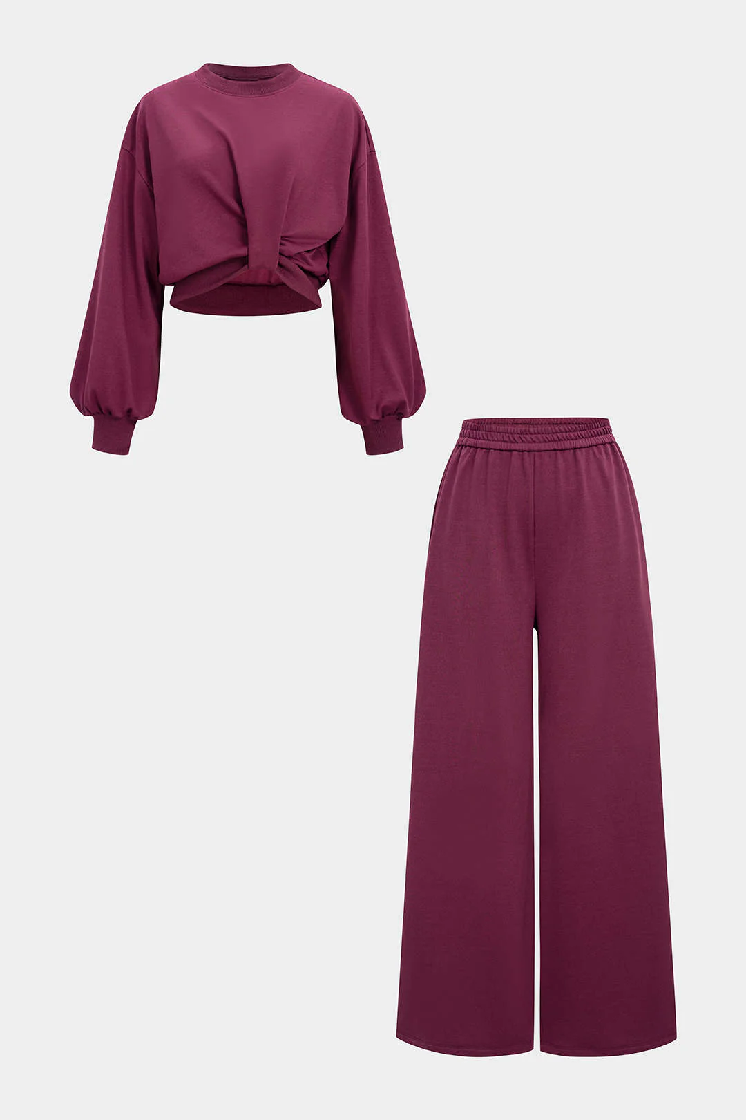 Solid Ruched Long Sleeve Top And Shirred Waistband Wide Leg Pants Set - Flockneti