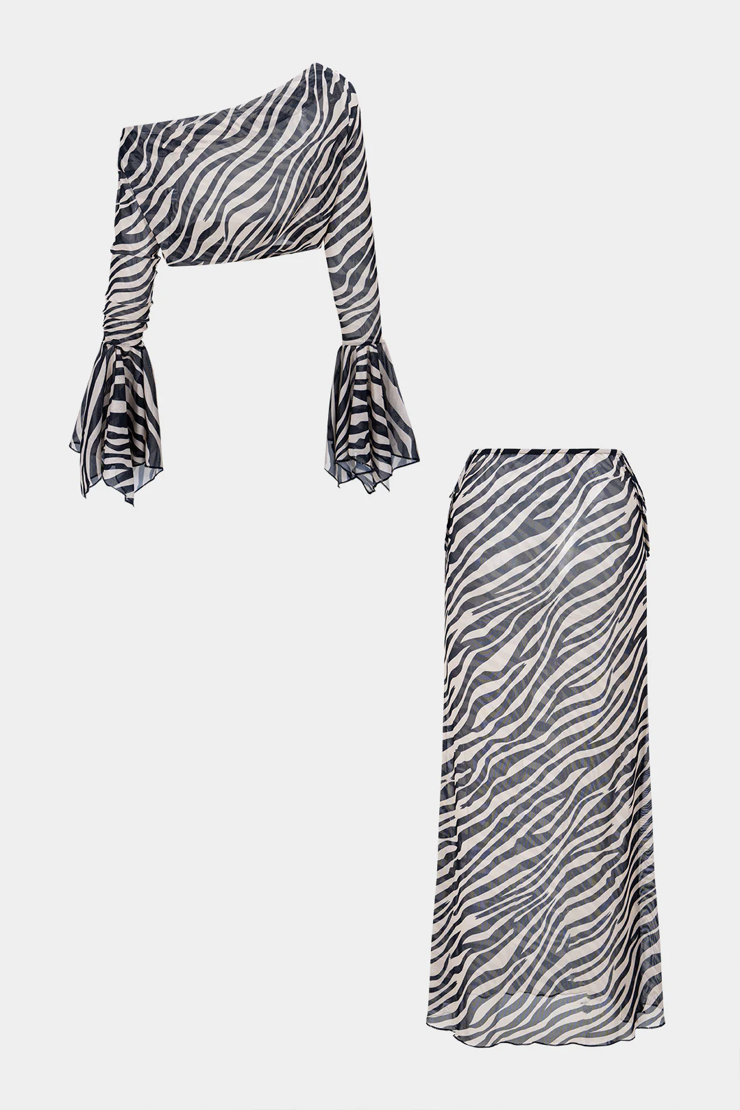 Mesh Zebra Stripe Print Single Shoulder Bell Sleeve Top And Skirt Set - Flockneti