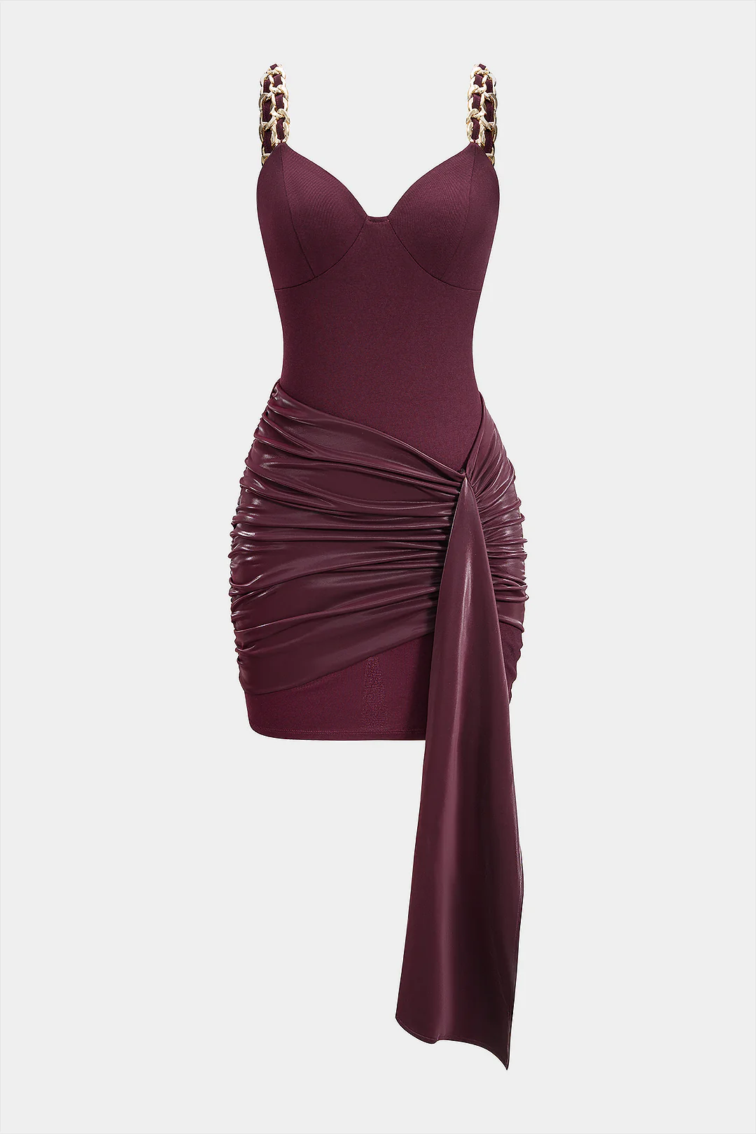 Faux Leather Chain Patchwork Ruched Sleeveless Mini Dress - Flockneti
