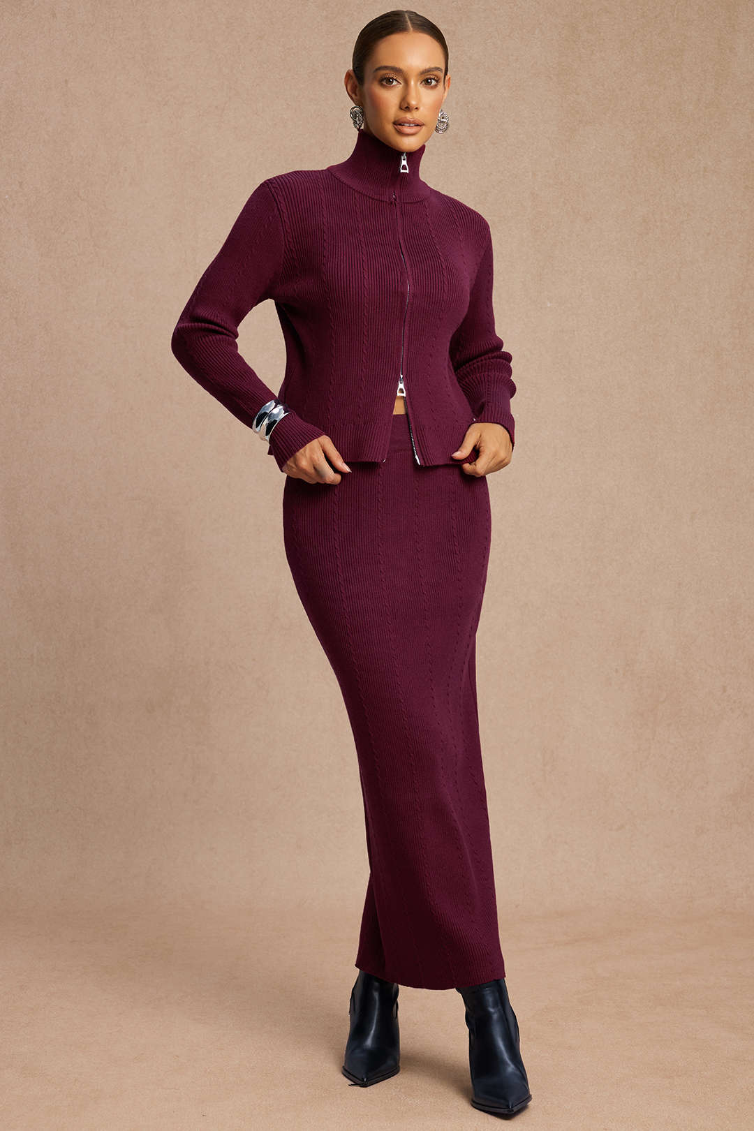 Knit Zipper Long-Sleeve Top And Skirt Set - Flockneti
