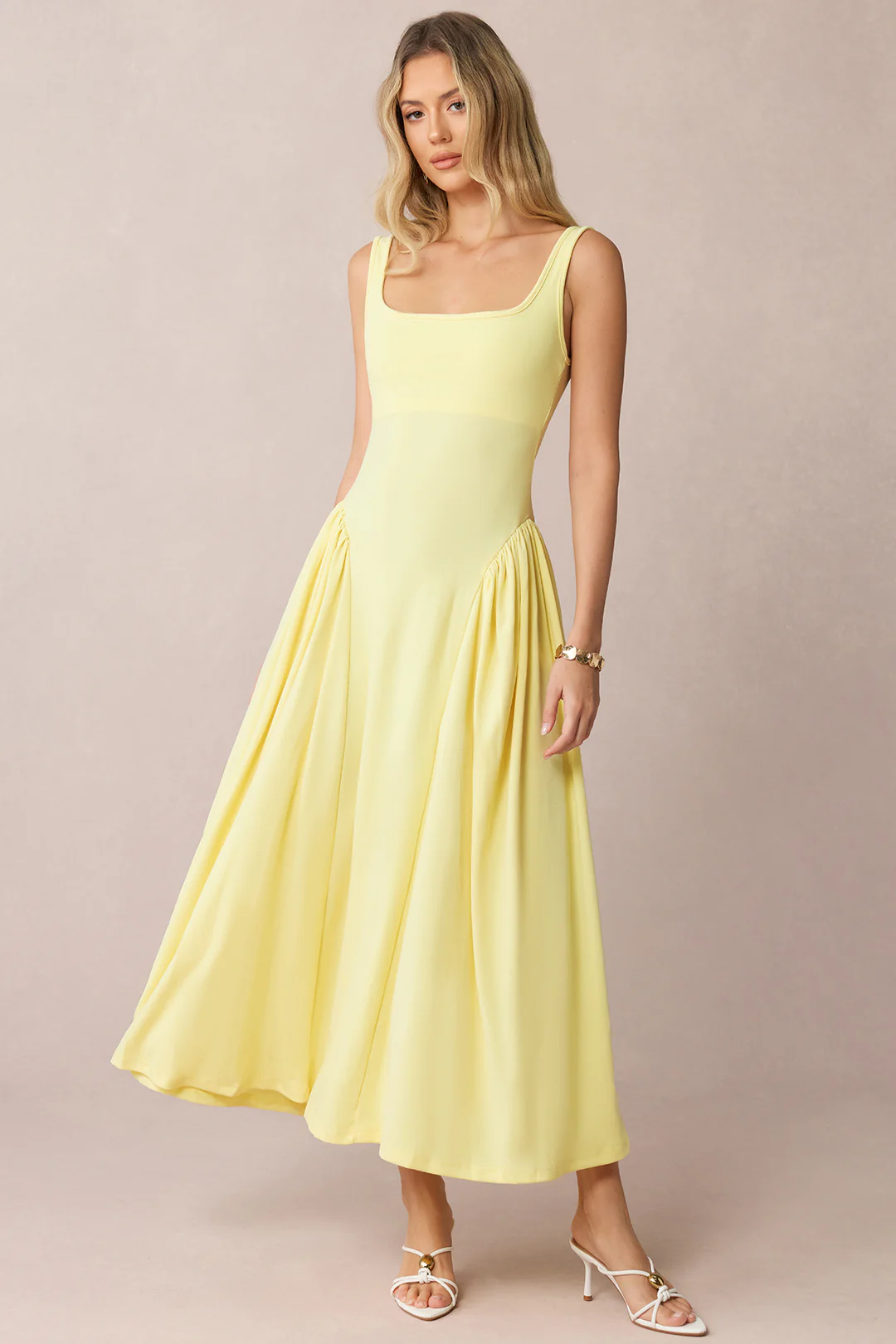 Square Neck Ruched Sleeveless Midi Dress - Flockneti