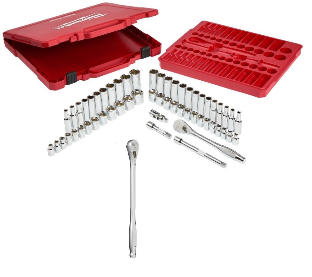 Milwaukee 3/8″ Drive 56pc Tool Set SAE/Metric with 12″ Ratchet Bundle - Flockneti