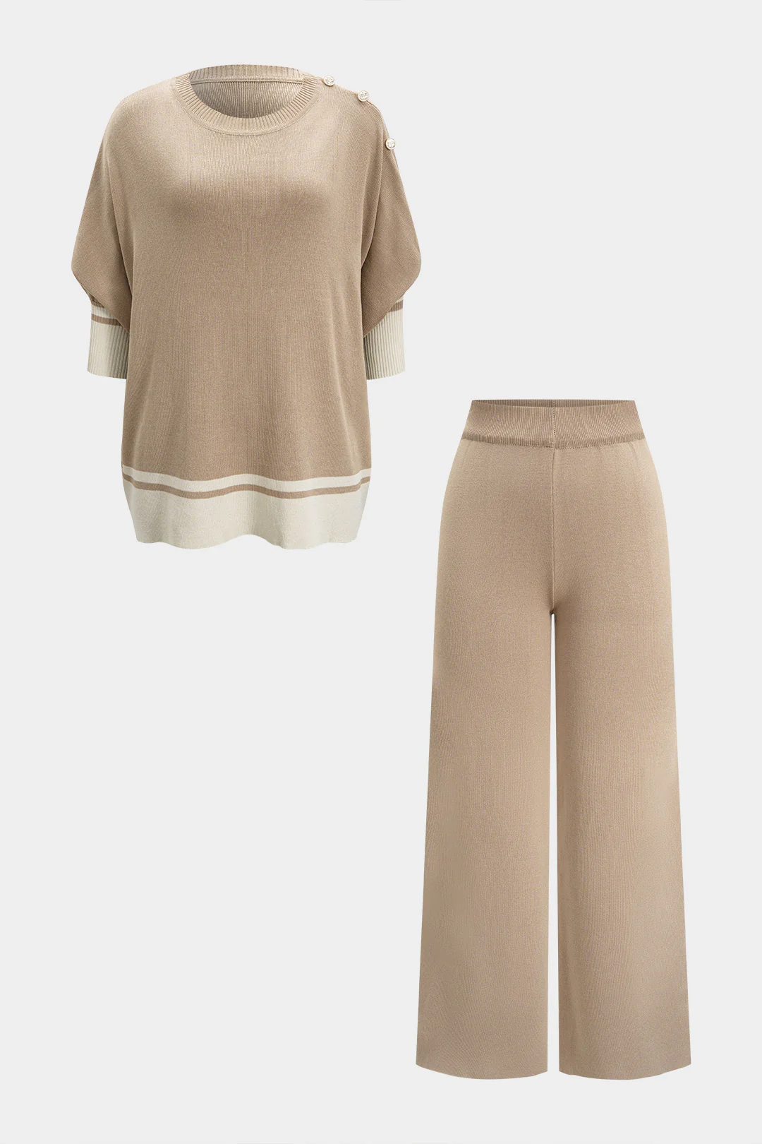 Knit Contrast Metallic Button Short-Sleeved Top And Wide Leg Pants Set - Flockneti