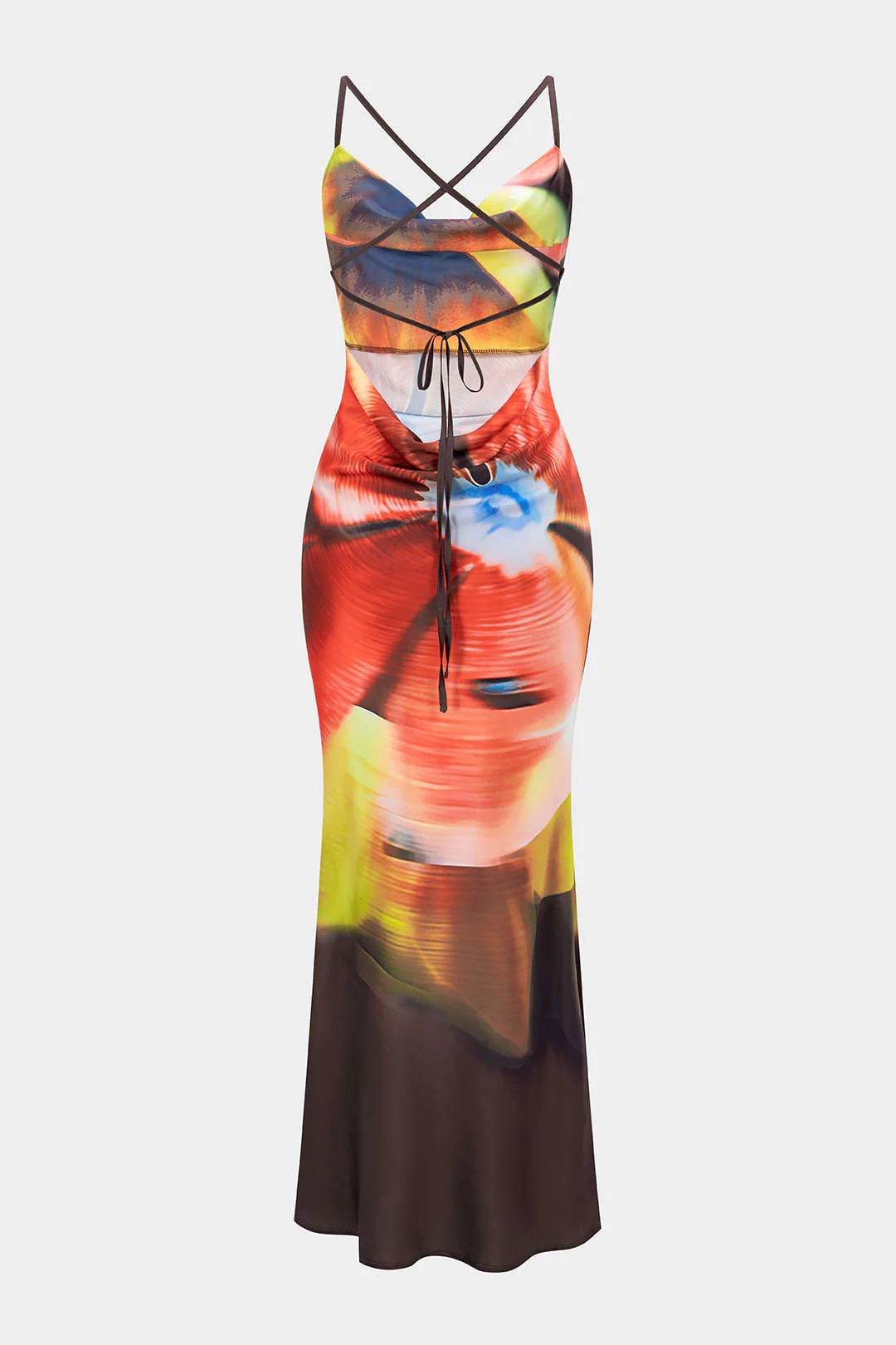 Tie Dye Print Satin Draped Cowl Neck Sleeveless Maxi Dress - Flockneti