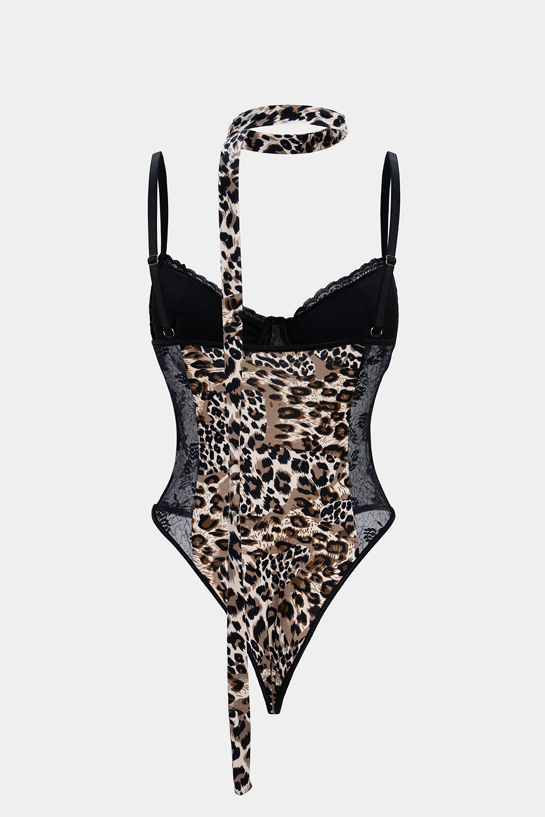 Leopard Print Sheer Lace Trim Sleeveless Bodysuit - Flockneti
