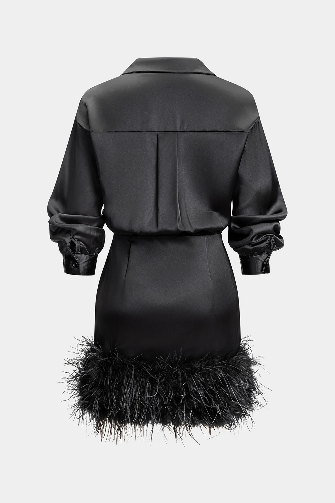 Satin Patchwork Feather Trim Long Sleeve Midi Dress - Flockneti