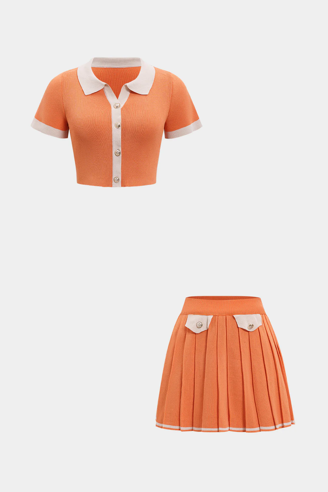 Knit Contrast Binding Short-Sleeve Top And Pleated Mini Skirt Set - Flockneti