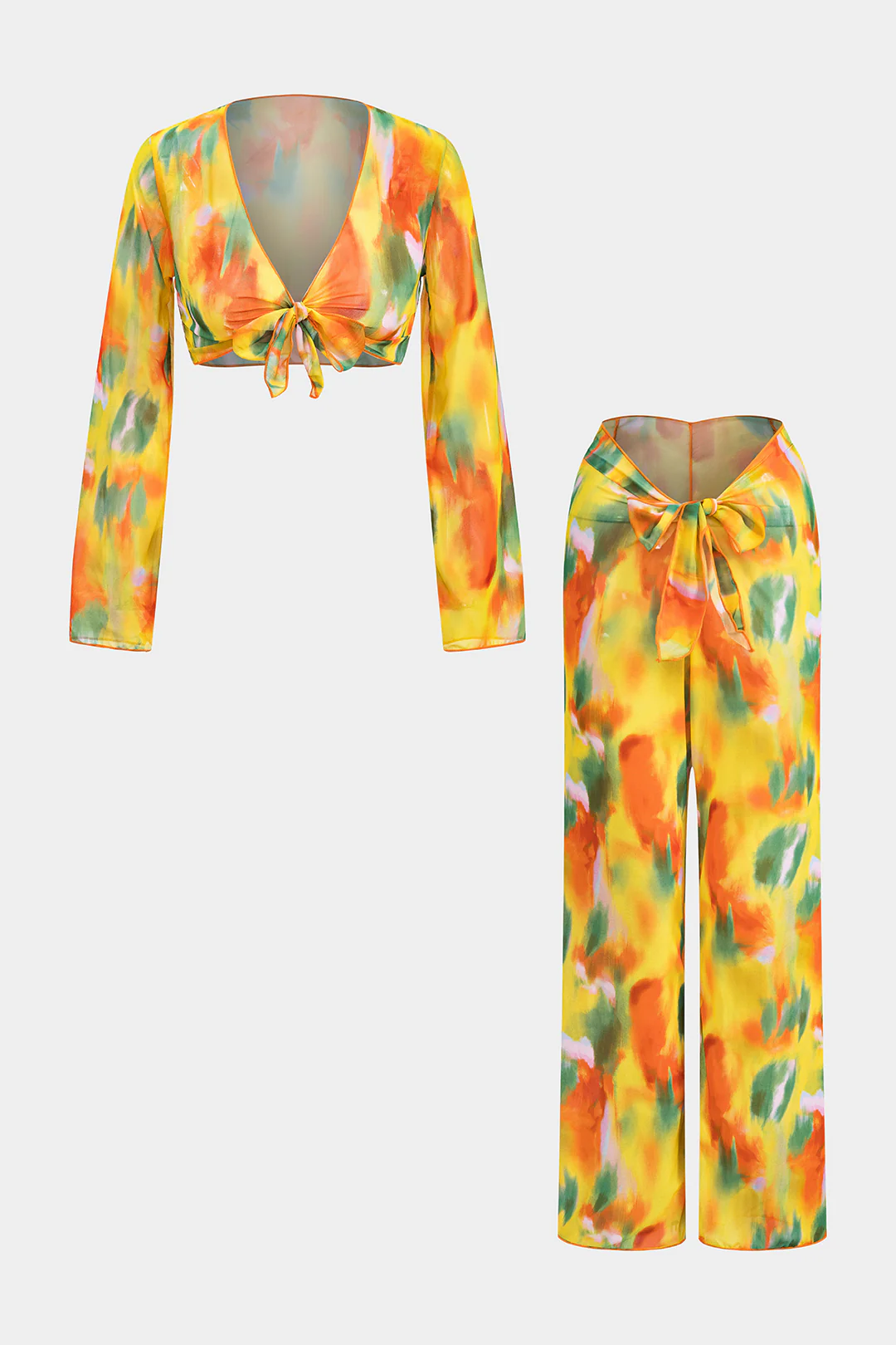 Watercolor Print Chiffon Tie Front Long Sleeve Top And Wide Leg Pants Set - Flockneti