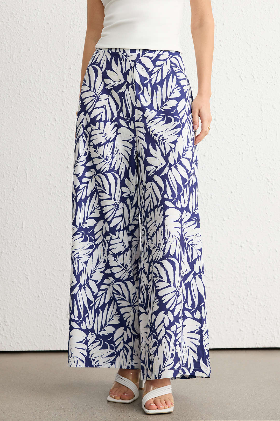Leaves Print Shirred Waistband Wide Leg Pants - Flockneti