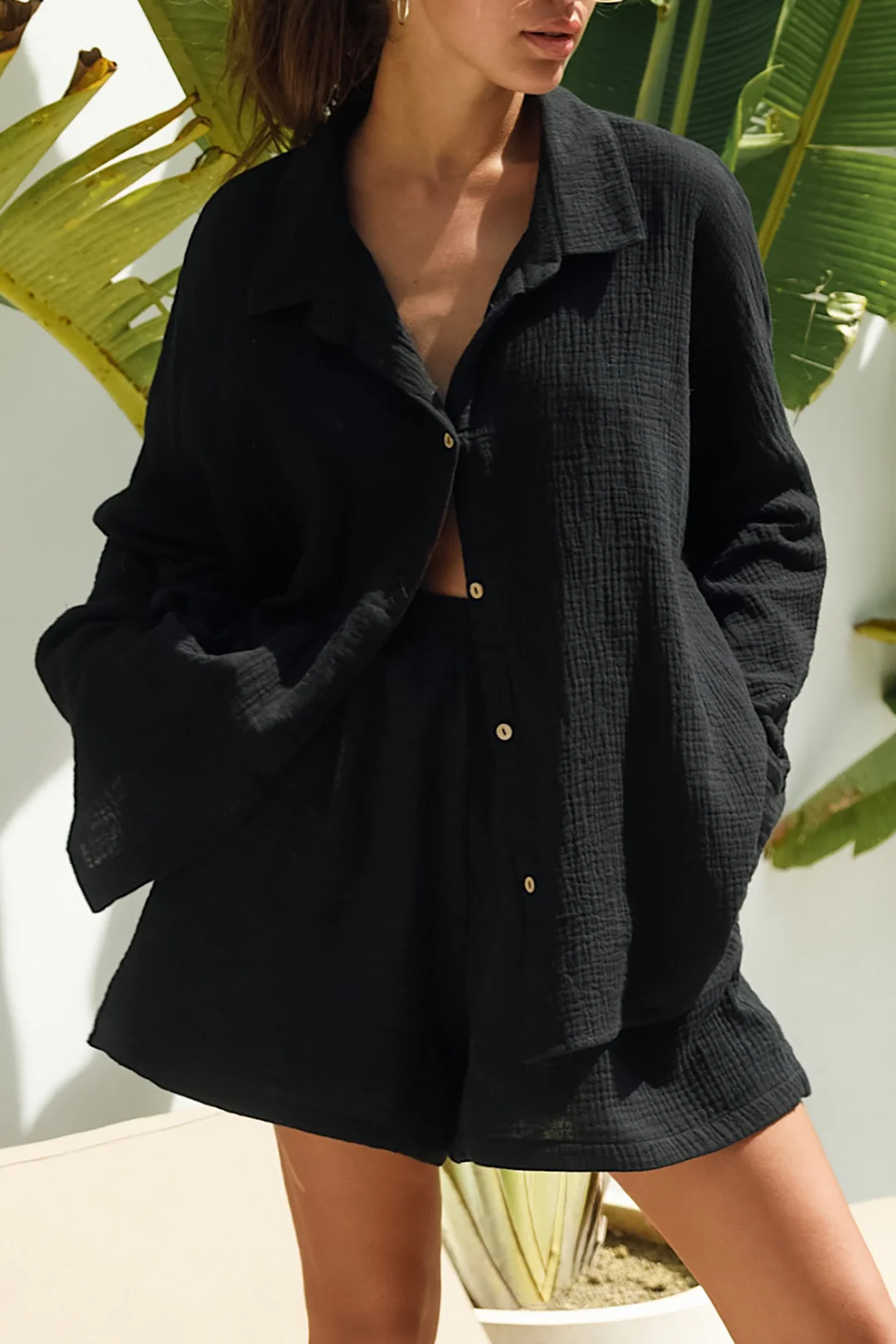 Button Long Sleeve Lapel Shirt And High Waist Wide Leg Shorts Set - Flockneti