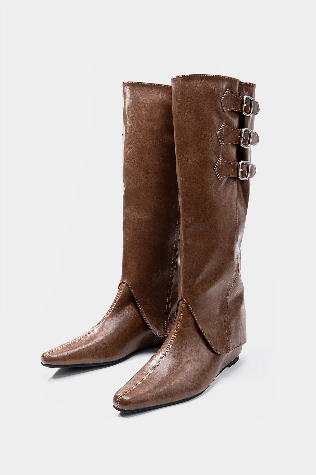 Leather Buckle Pointed Knee High Boots - Flockneti