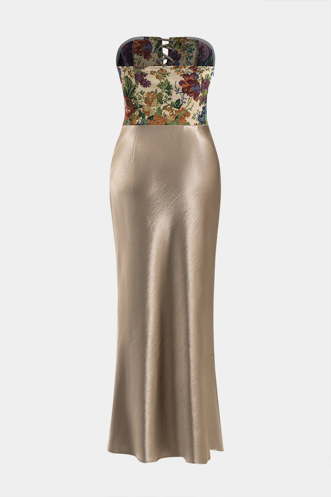 Satin Embroidery Ruched Drawstring Strapless Maxi Dress - Flockneti
