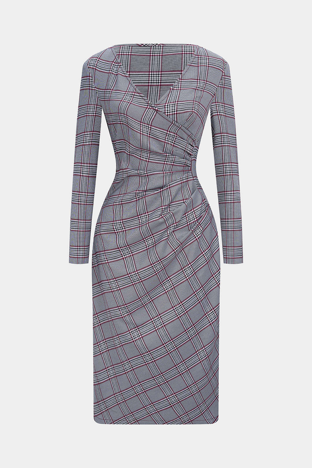 Plaid Print V-Neck Asymmetrical Ruched Long Sleeve Midi Dress - Flockneti