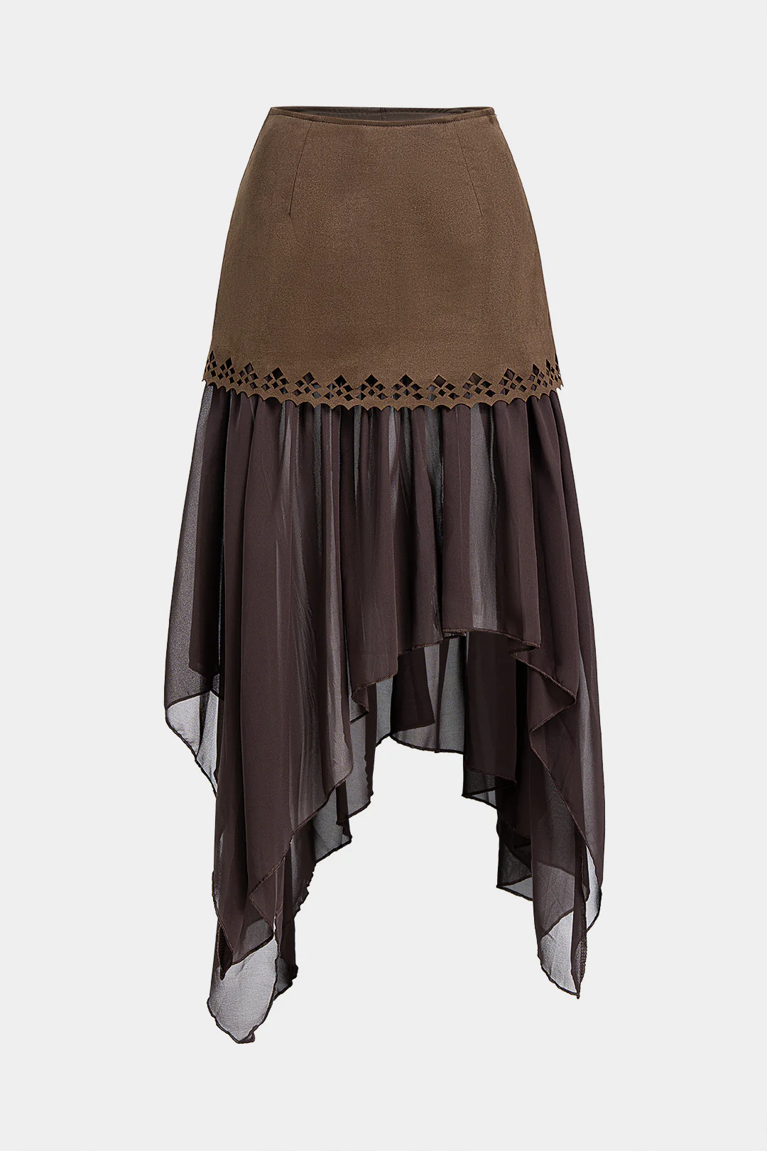 Suede Patchwork Mesh Cut Out Irregular Hem Skirt - Flockneti