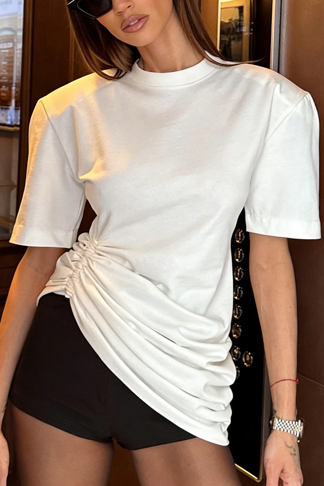 Round Neck Asymmetrical Ruched Shoulder Pads Short Sleeve T-Shirt - Flockneti