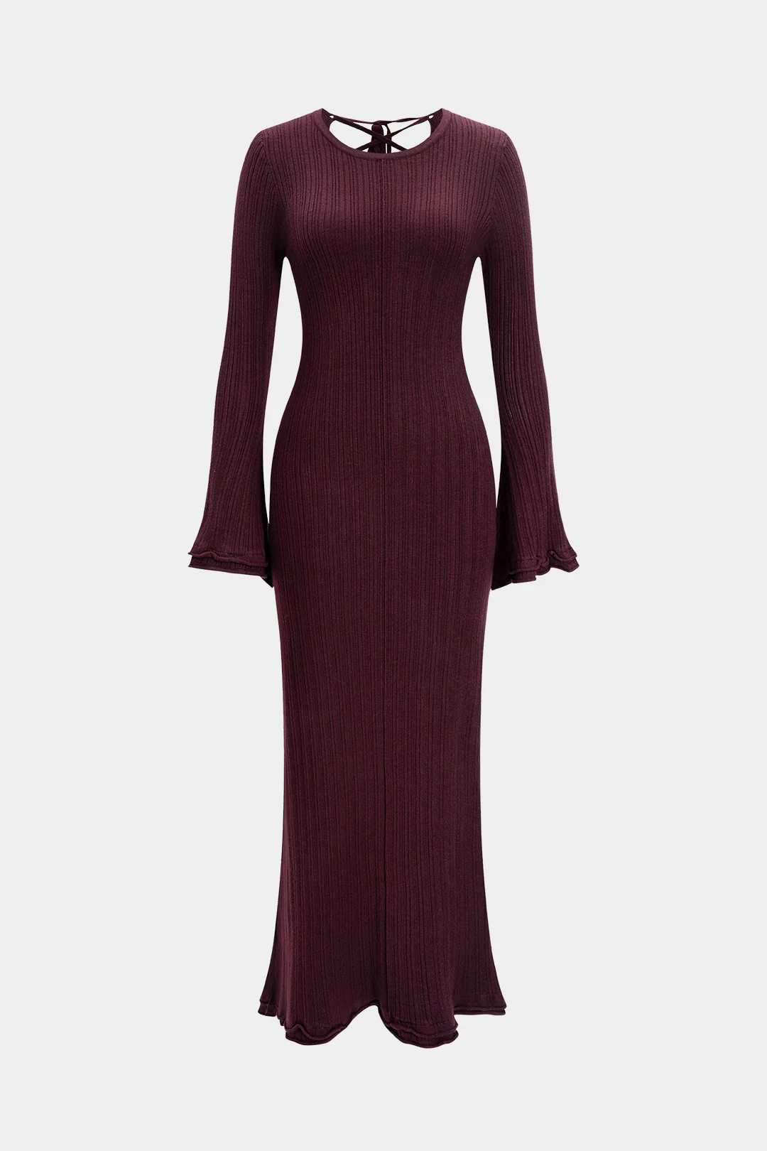 Knit Round Neck Tie-Back Scallop Edge Long Sleeve Dress - Flockneti