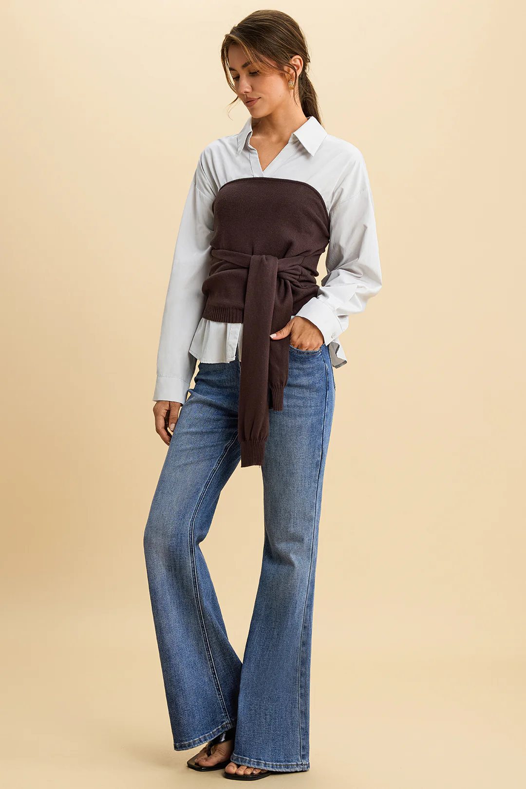 Solid Patchwork Knit Tie-Front Long-Sleeve Shirt - Flockneti