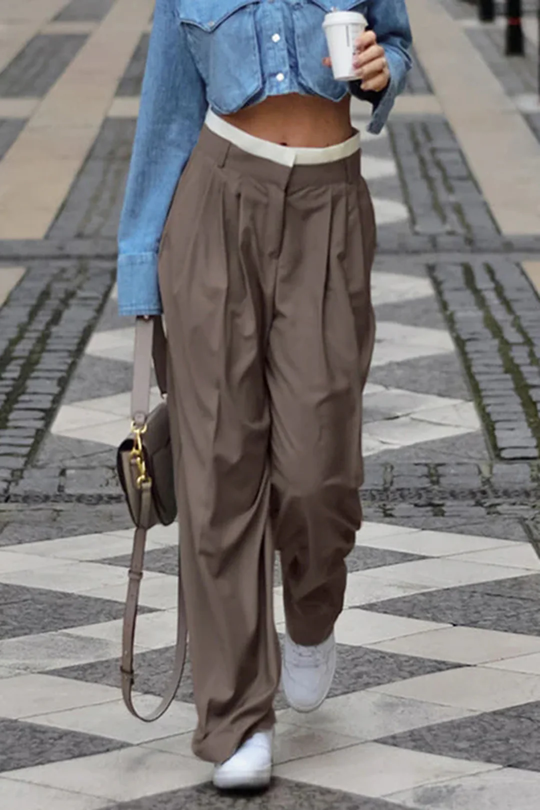 Contrast Double Waistband Pleated Straight Leg Pants - Flockneti