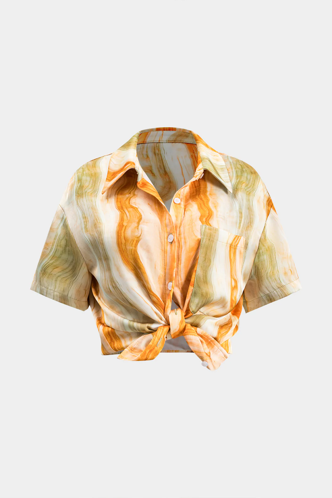 Marble Print Tie Front Button Pocket Short-Sleeve Shirt - Flockneti