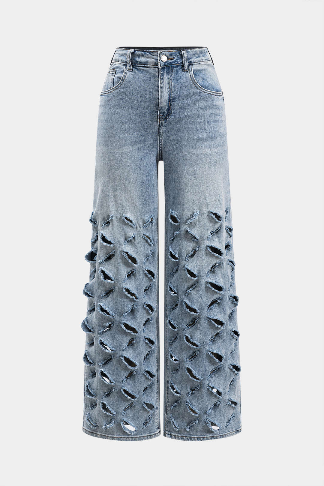 Ripped Cut Out Button Pocket Wide Leg Jeans - Flockneti