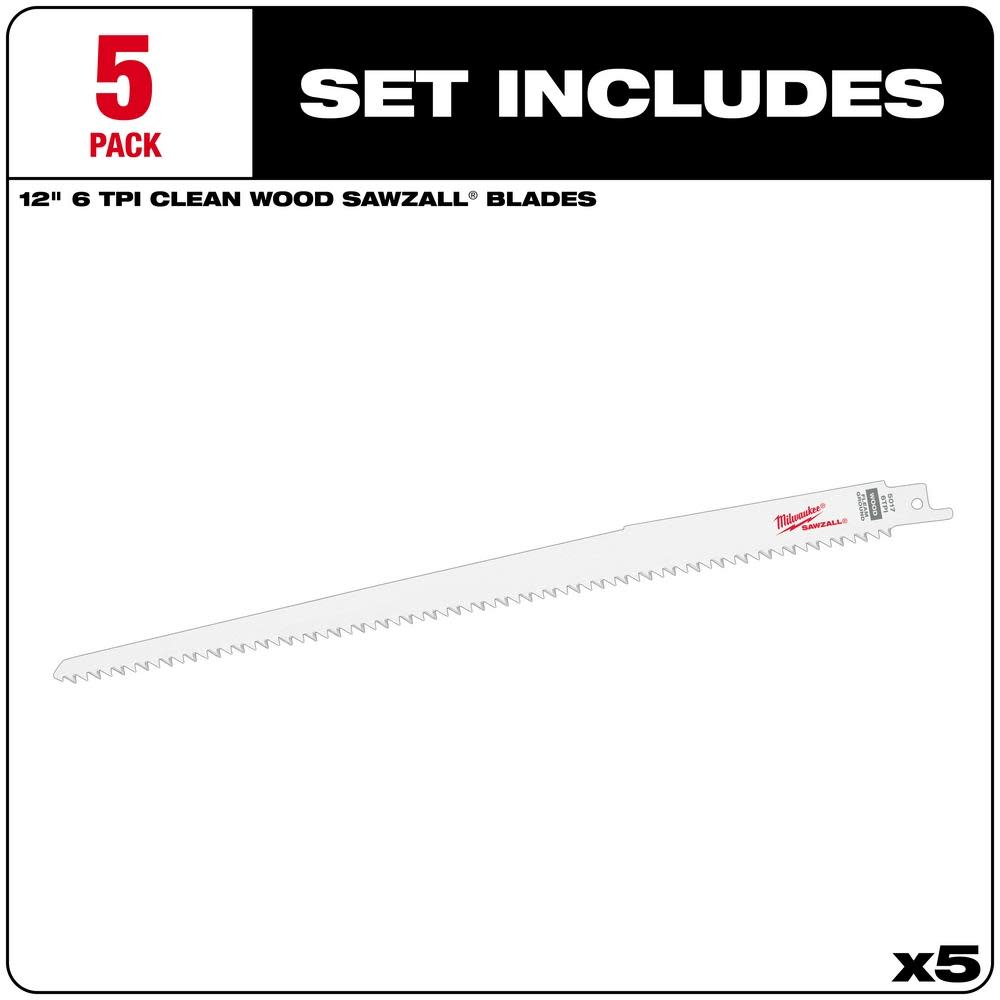 Milwaukee 12″x3/4″x.050″ 6T 1/2″ Unv Shank Bi-Metal Fleam Ground Sawzall Blade 5Ct - Flockneti