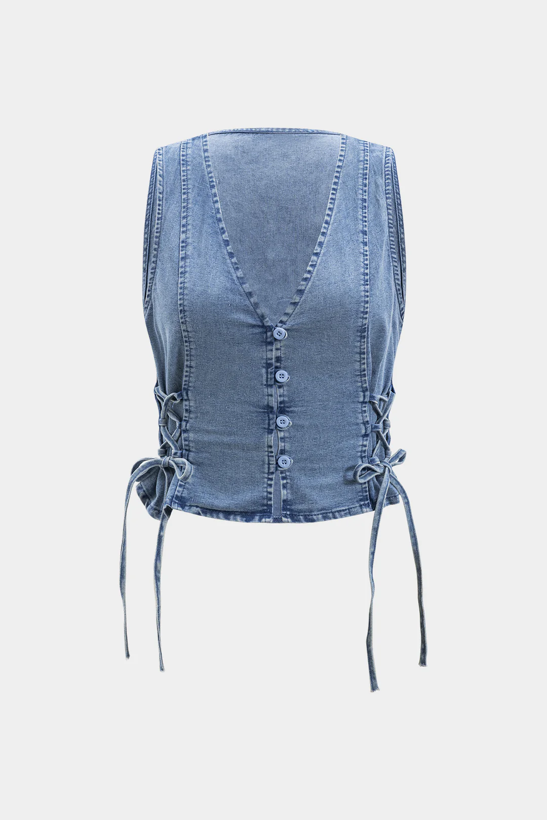 Denim Ruched Button Tie Knot Vest - Flockneti