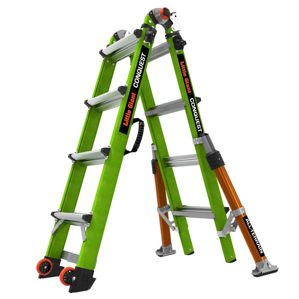 Little Giant Safety Conquest All-Terrain Model 17 – ANSI Type 1A – 300 lb Rated – Fiberglass Articulated Extendable Ladder with Adjustable Outriggers Accessory Ports Carry Handle V-Bar and Tip & Glide Wheels - Flockneti