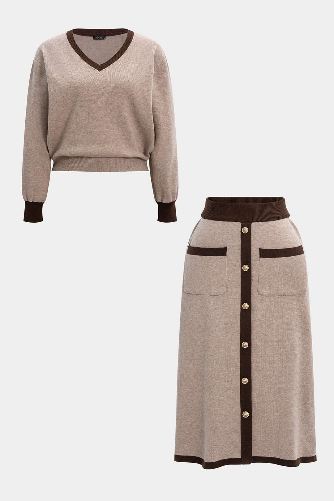 Plus Size Knit Contrast V-Neck Long-Sleeve Top And Pocket Skirt Set - Flockneti