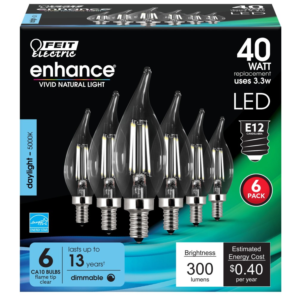 Feit Electric 40W CA10 5000K Dimmable Flame Tip LED Bulb 6pk - Flockneti