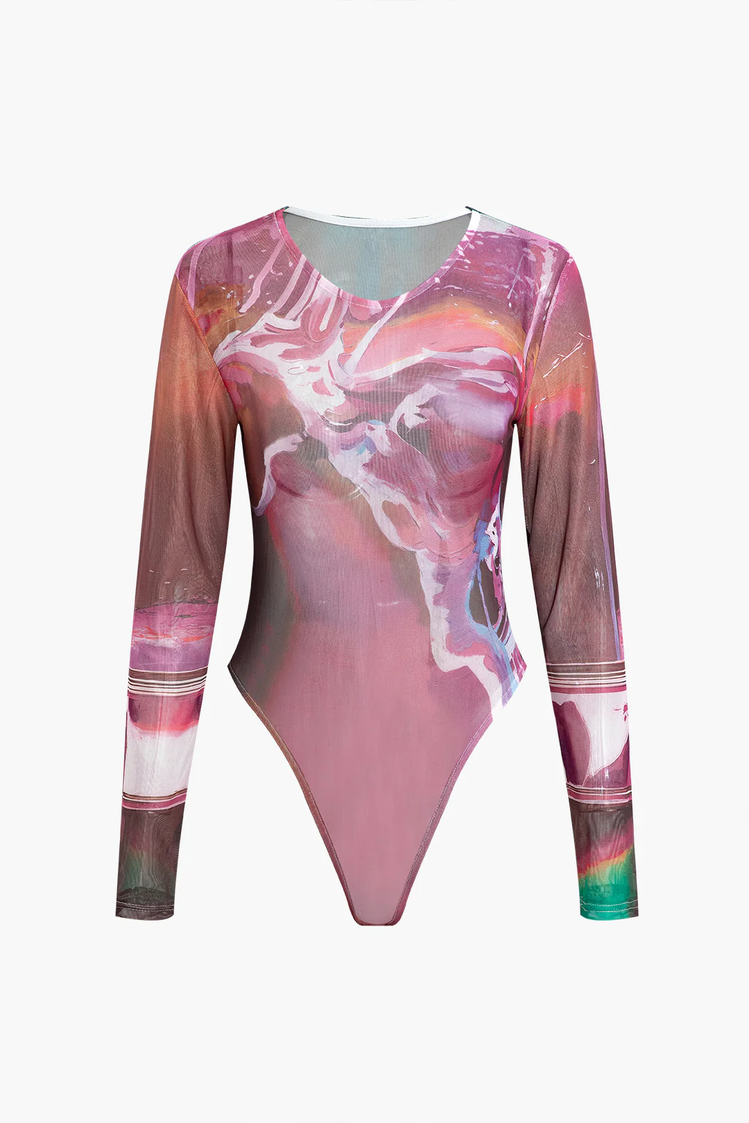 Mesh Abstract Print Round Neck Long Sleeve Bodysuit - Flockneti