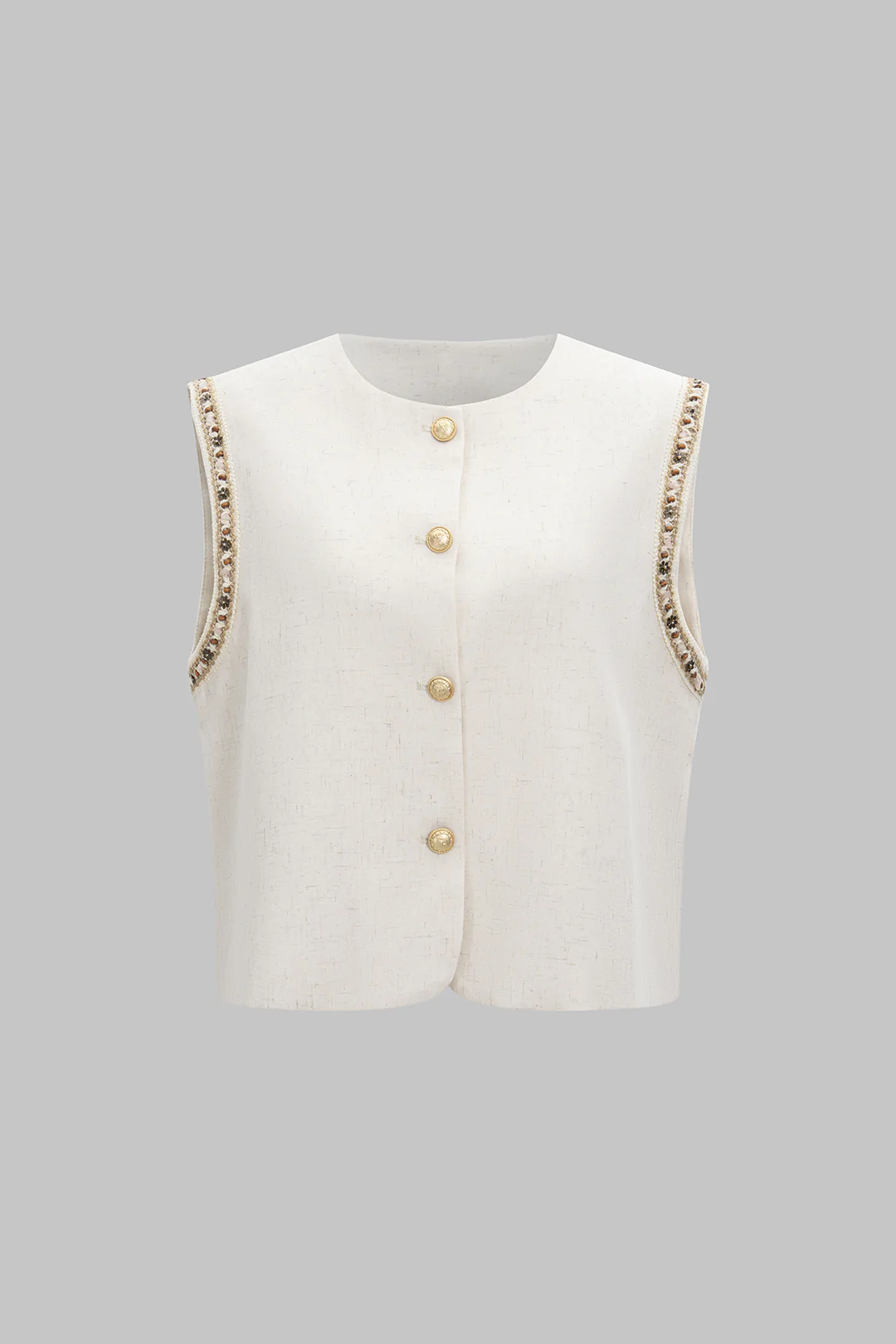 Round Neck Chain Trimmed Button Vest - Flockneti