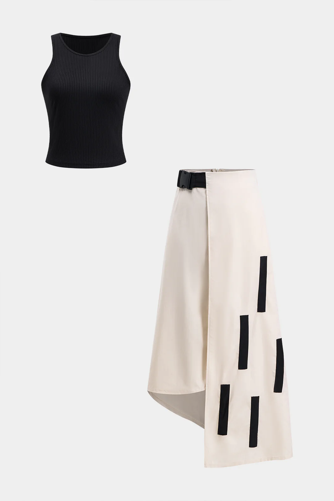 Ribbed Tank Top And Contrast Asymmetrical Zipper Skirt Set - Flockneti