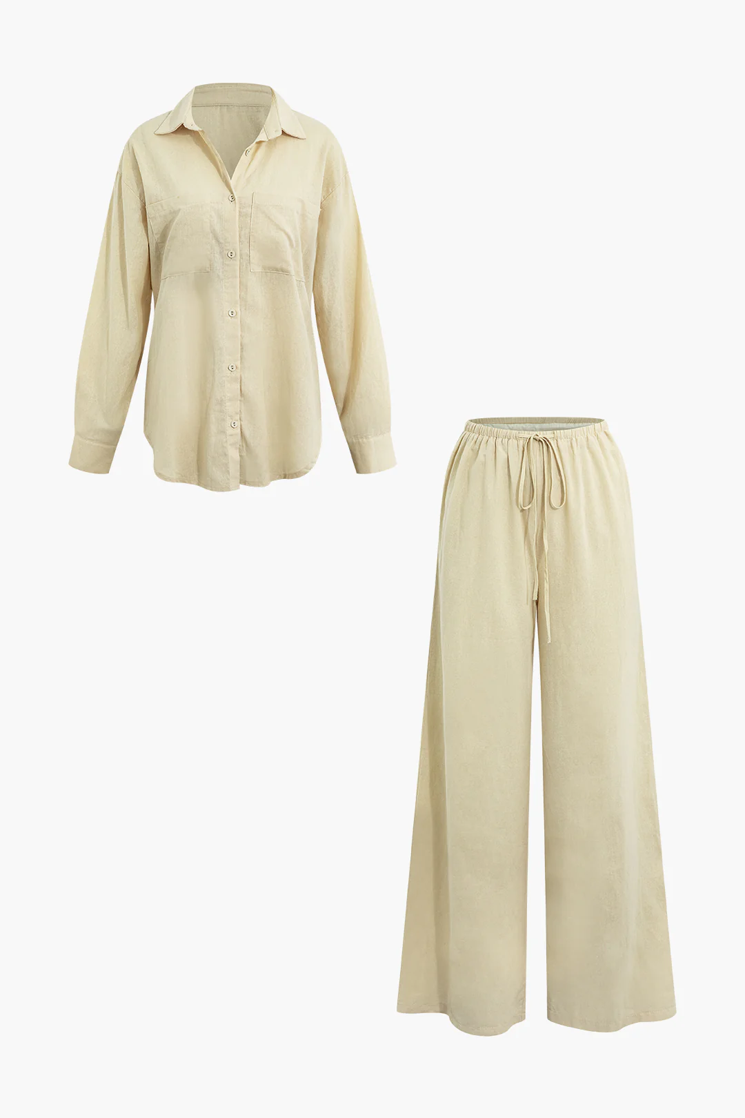 Linen Button Long Sleeve Shirt And Pants Set - Flockneti