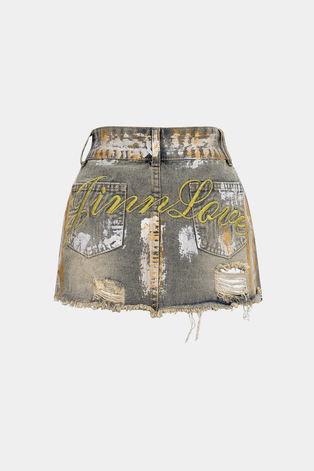 Denim Asymmetrical Frayed Embroidery Low Waist Skirt - Flockneti