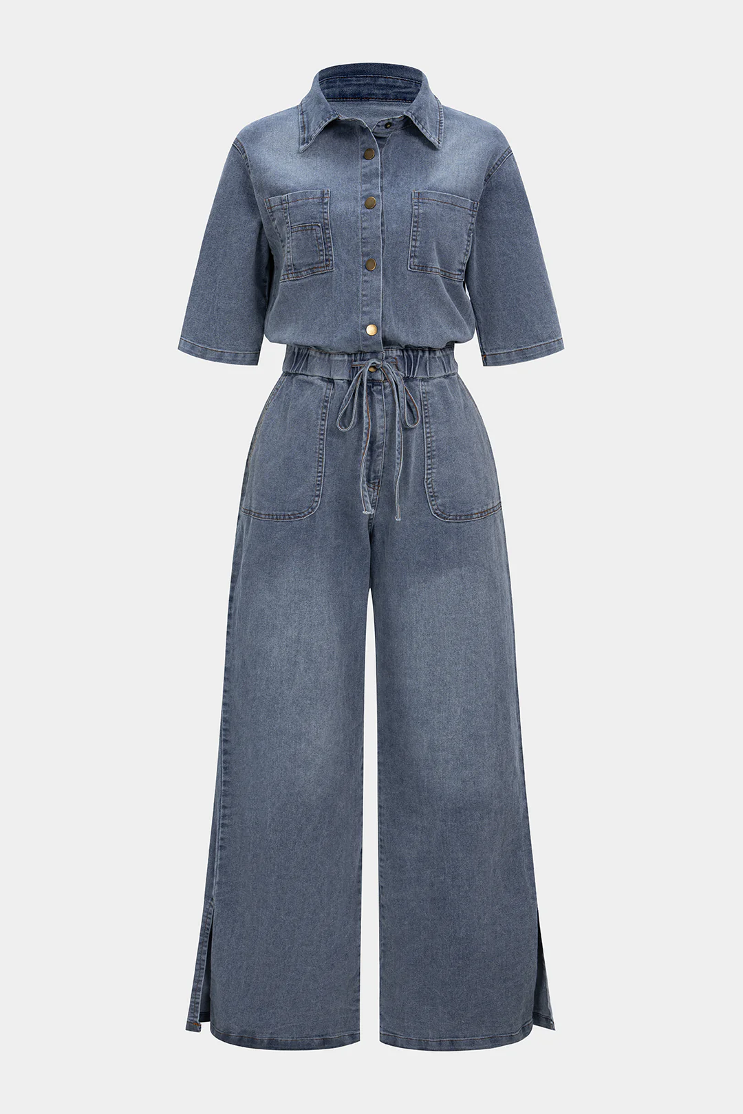Denim Button Drawstring Pocket Short-Sleeve Jumpsuit - Flockneti