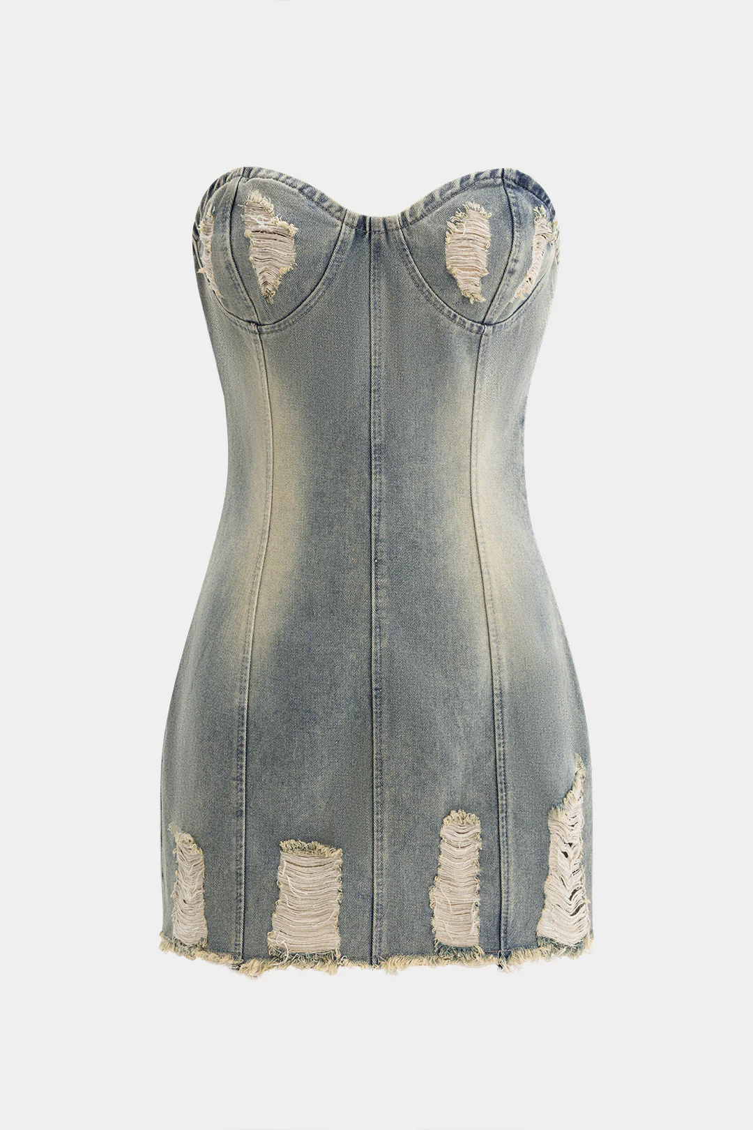 Denim Distressed Bustier Strapless Dress - Flockneti