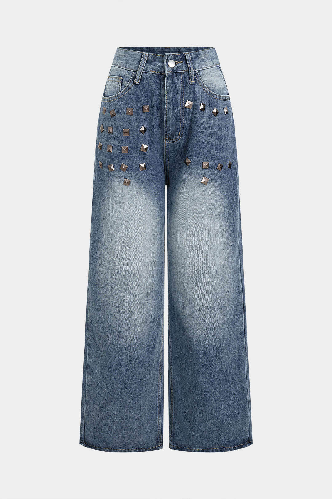 Denim Rivets Decor Pocket Wide Leg Jeans - Flockneti