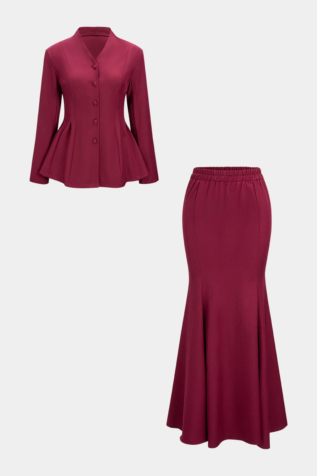 V-Neck Long-Sleeve Top And Shirred Waistband Mermaid Skirt Set - Flockneti