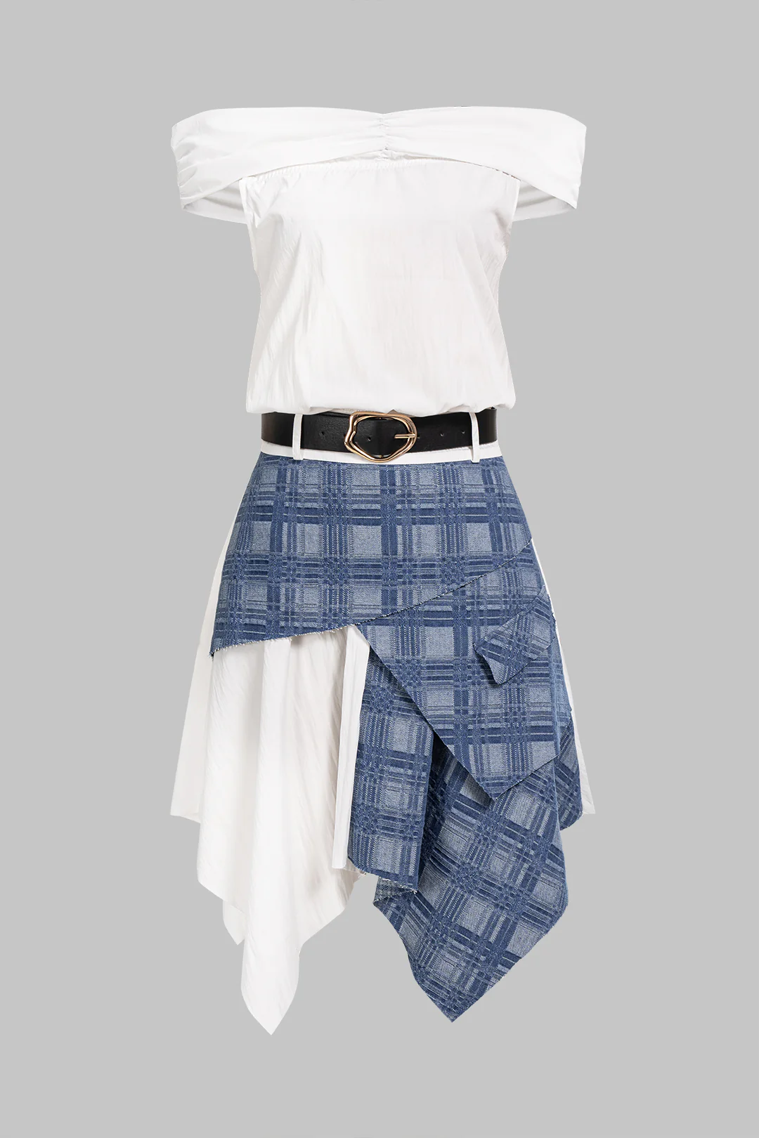 Denim Patchwork Off Shoulder Belted Sleeveless Mini Dress - Flockneti
