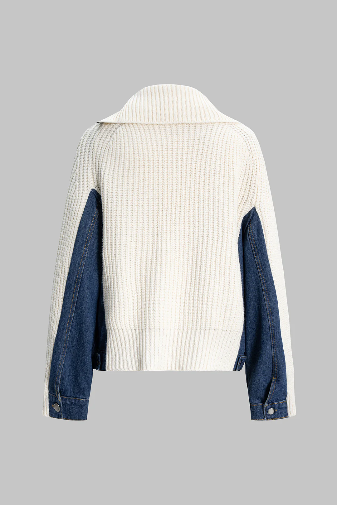 Knit Denim Patchwork Asymmetrical Zipper Long-Sleeve Top - Flockneti