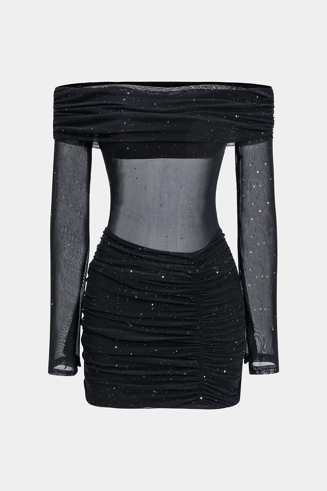 Off Shoulder Ruched Long Sleeve Mini Dress - Flockneti
