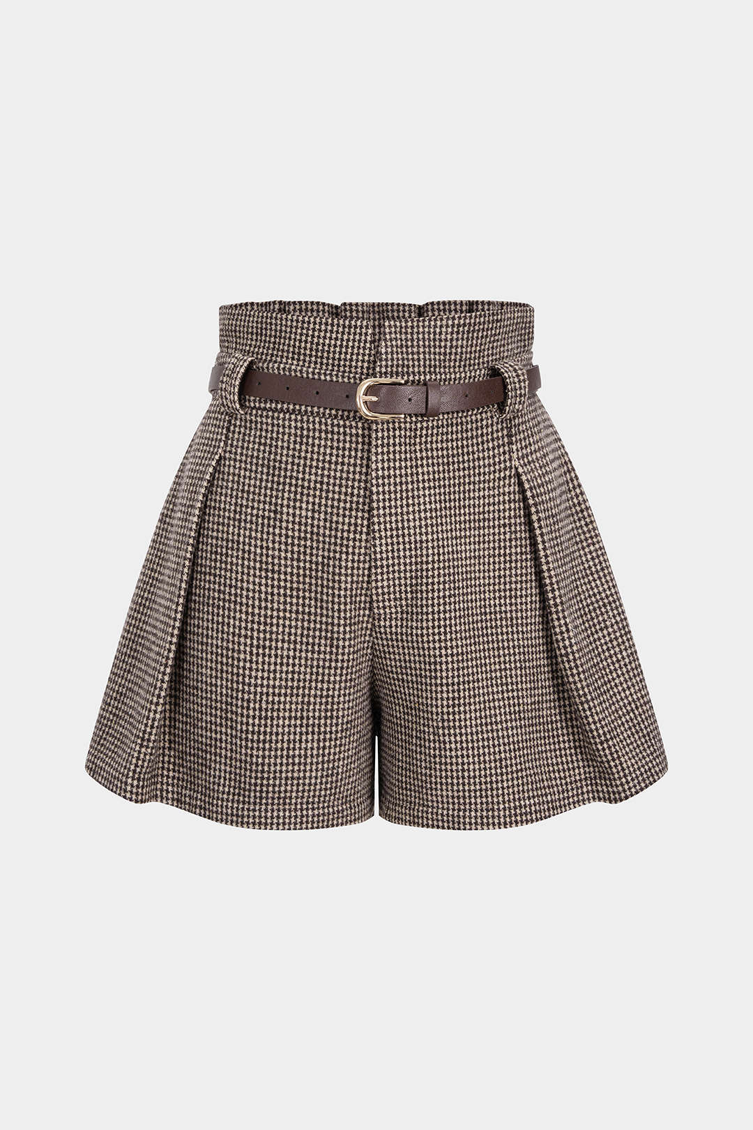 Plaid Print Woolen Belted Pleated Shorts - Flockneti