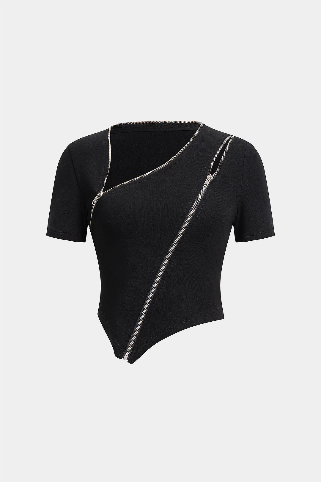 Asymmetrical Zipper Round Neck Short-Sleeve Top - Flockneti
